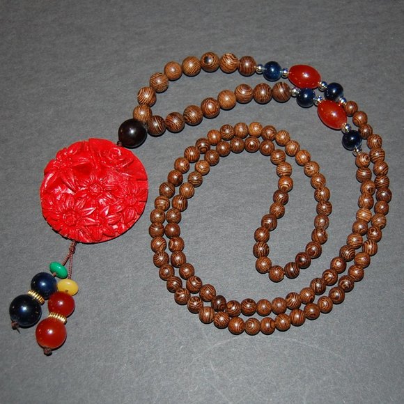 Yoga Nacklace,Wood Necklce,Yoga Wooden Necklace,Tibetan Necklace,Wood,Gemstone - Picture 1 of 2